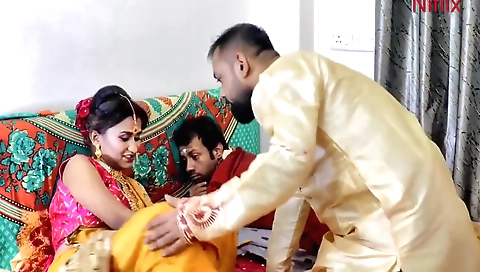 Indian brunette fucked by her husband and stepbrother