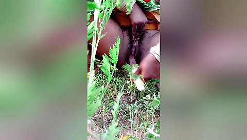 Hairy brunette enjoys outdoor jungle toilet sex toy
