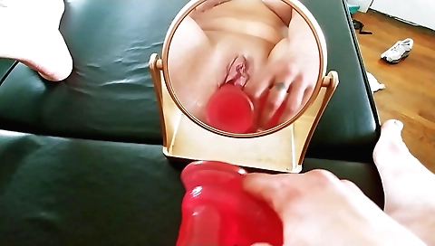 Amateur female in stockings masturbates with her favorite dildo