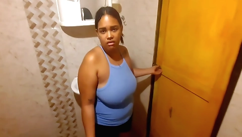 Chubby girl is in the bathroom and she sucks a dick