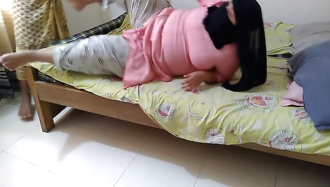 Indian teacher and her student show off their body