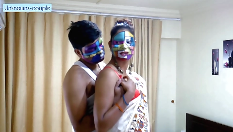 Indian brunette in red saree goes wild in her bedroom