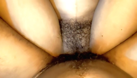 Mature woman's hairy butt inside while the man is sitting on it