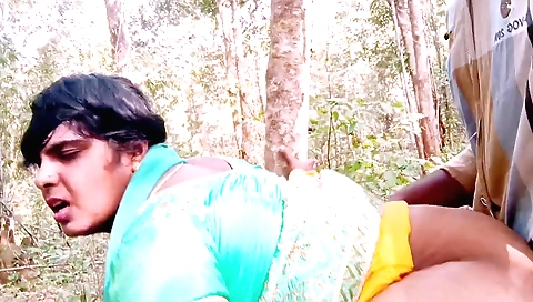 Big-tittied lady in outdoors fucks her husband in forest