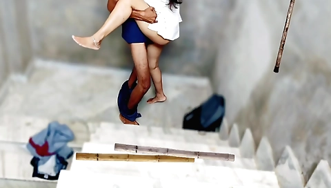 Horny college teen talks to her stepbrother on the ladder