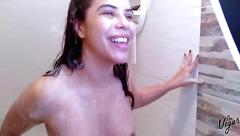 Amateur brunette girl in shower solo video 4k video
