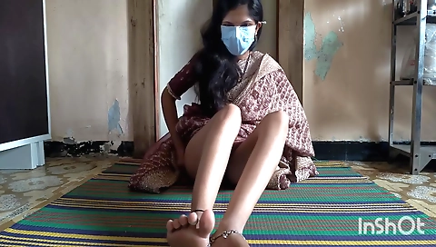 Indian girl with natural tits does her own blowjob